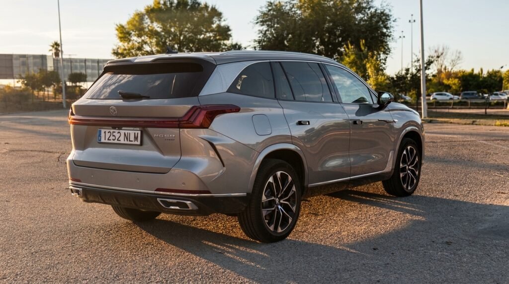 Tres cuartos trasero del MG S9 PHEV durante la prueba
