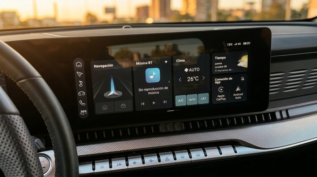 Pantalla central con navegación, climatización y conectividad