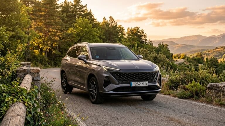 MG S9 PHEV en vista frontal de tres cuartos al atardecer