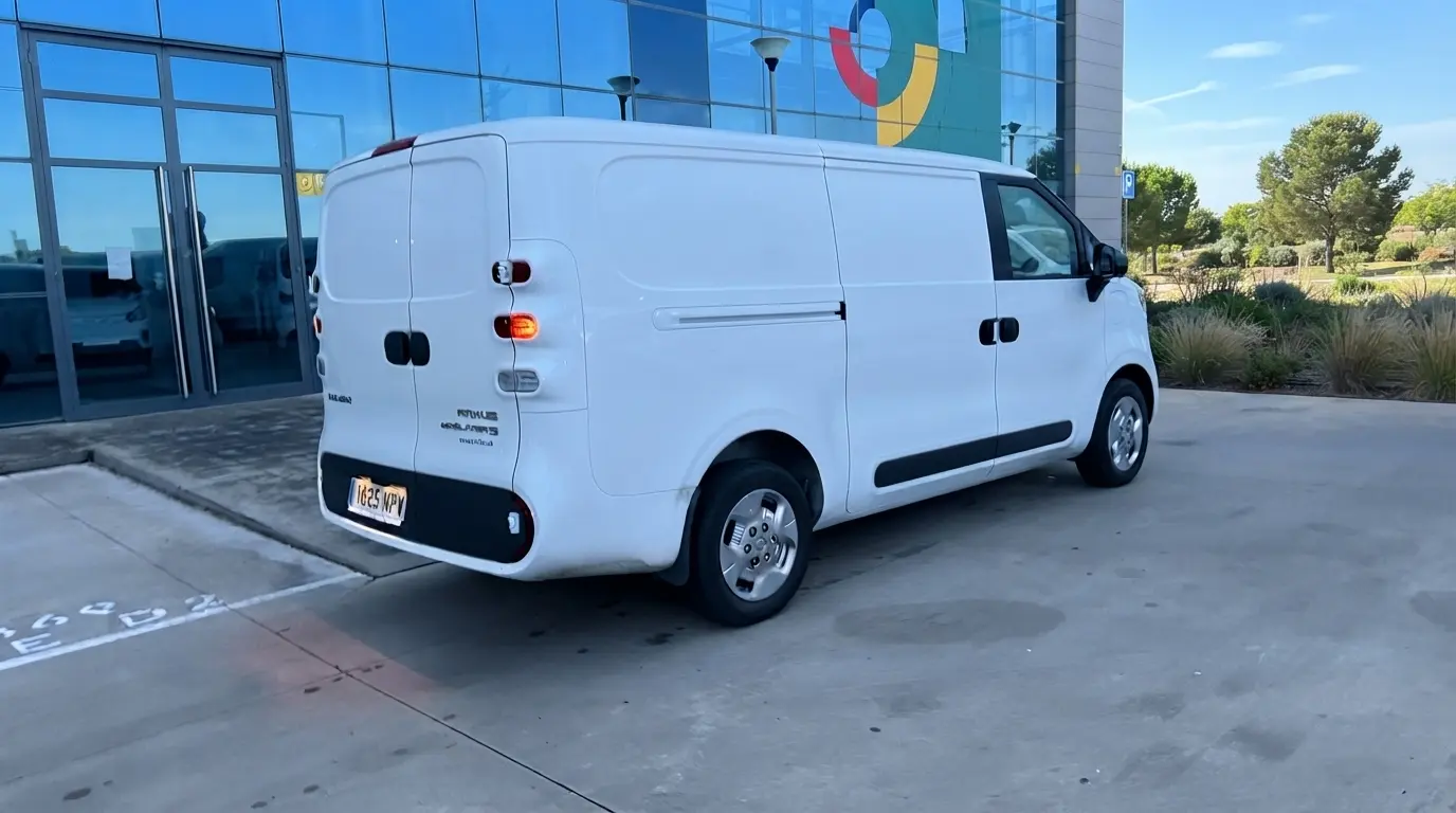 Vista trasera y lateral de la Maxus eDeliver 5 blanca