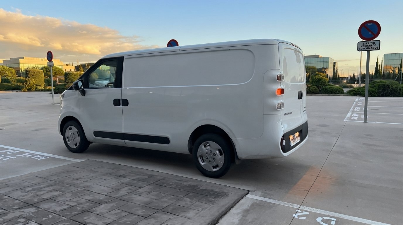 Maxus eDeliver 5 blanca vista en tres cuartos traseros al atardecer